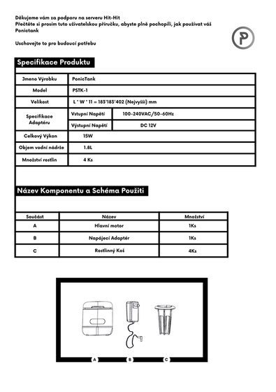 Czech technical specification sheet listing the PonicTank model, dimensions, adapter ratings, tank volume and plant count.